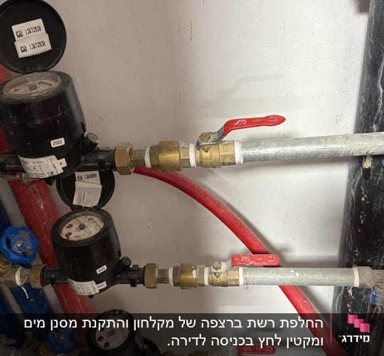 מד מים וצינורות עם ברזים כחולים ואדומים